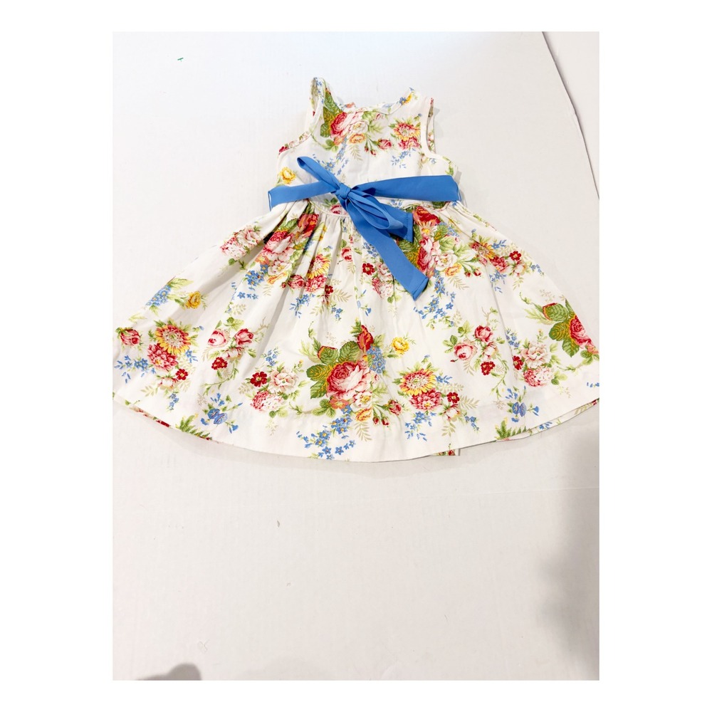 Ralph Lauren Girls 24M Floral Cotton Dress Blue Sash Button Back Garden Print
